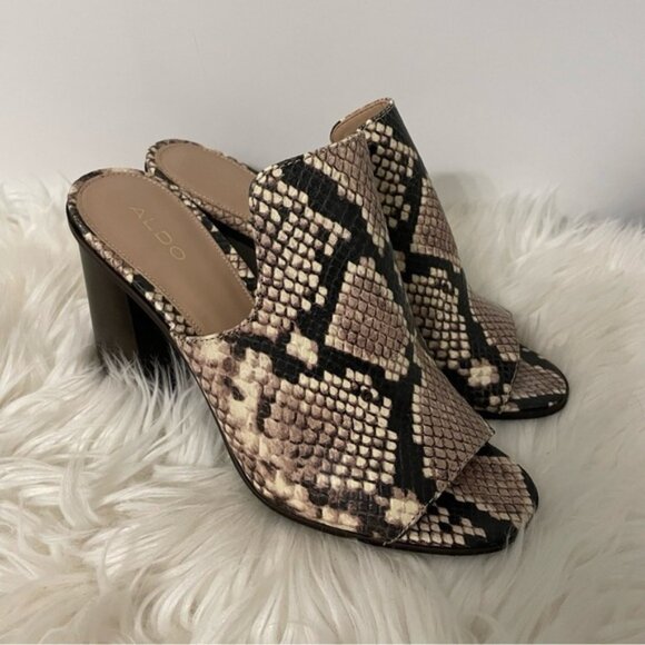 Aldo Snake Print Leather Slip on Block High Heel Sandal Shoe Mules Size 8 bin 3L - Picture 6 of 7